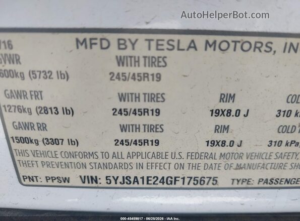 5YJSA1E24GF175675 2016 TESLA MODEL S White Շարժիչի բաժամունքի տեսք