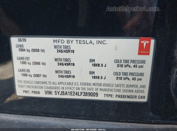 5YJSA1E24LF389009 2020 TESLA MODEL S Black Engine compartment view