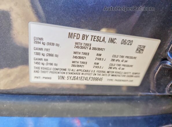 5YJSA1E24LF399846 2020 TESLA MODEL Gray Շարժիչի բաժամունքի տեսք