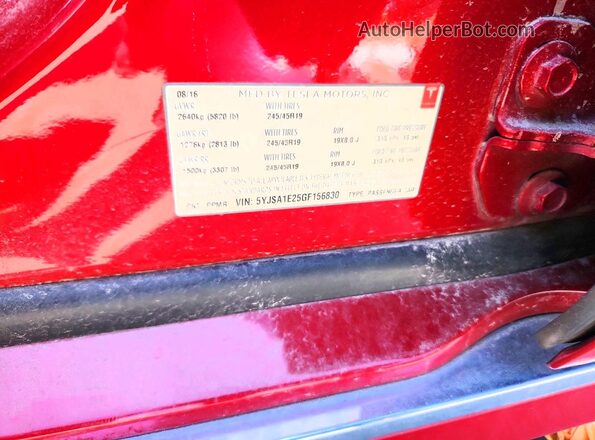 5YJSA1E25GF156830 2016 TESLA MODEL Red Widok naklejki z numerem VIN
