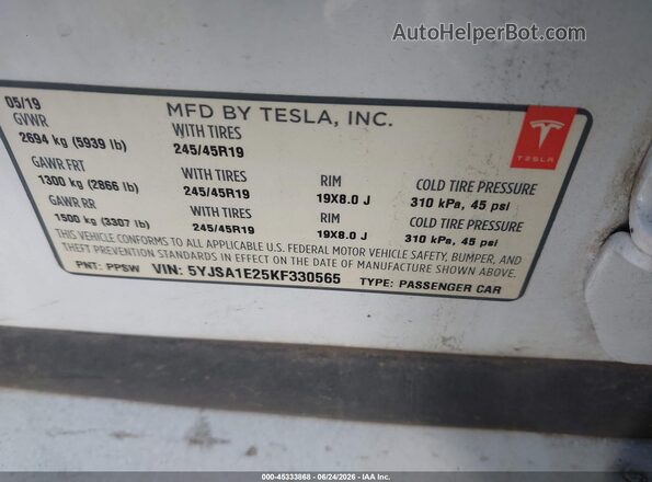 5YJSA1E25KF330565 2019 TESLA MODEL S White Շարժիչի բաժամունքի տեսք