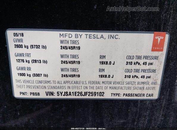 5YJSA1E26JF259102 2018 TESLA MODEL S Black ძრავის განყოფილების ხედი