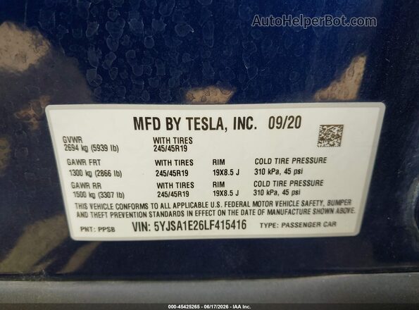5YJSA1E26LF415416 2020 TESLA MODEL S Blue Շարժիչի բաժամունքի տեսք