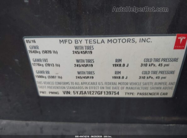 5YJSA1E27GF139754 2016 TESLA MODEL S Gray Вид наклейки з VIN-кодом