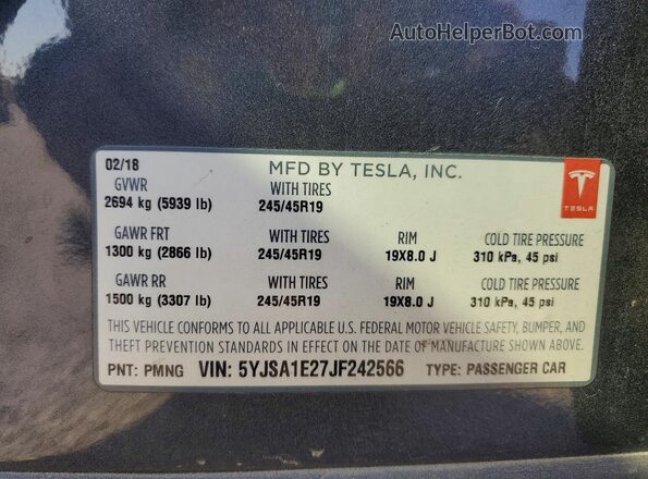 5YJSA1E27JF242566 2018 TESLA MODEL Charcoal 
