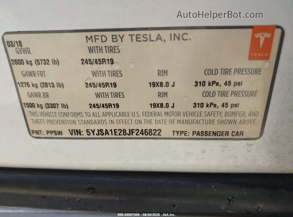 5YJSA1E28JF246822 2018 TESLA MODEL S White Вид підкапотного простору