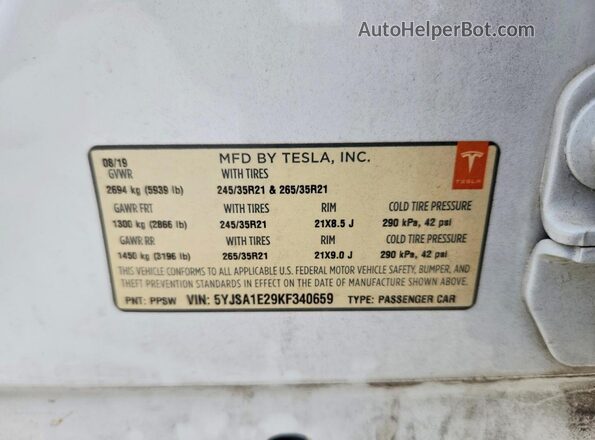 5YJSA1E29KF340659 2019 TESLA MODEL White VIN sticker view
