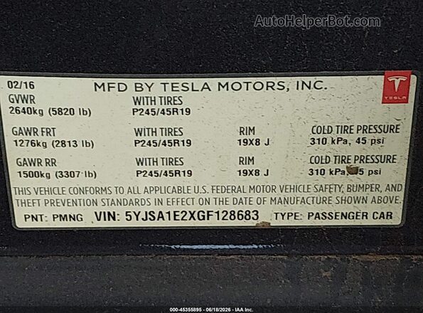 5YJSA1E2XGF128683 2016 TESLA MODEL S Gray Вид підкапотного простору