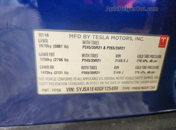 5YJSA1E40GF125499 2016 TESLA MODEL Blue Engine compartment view