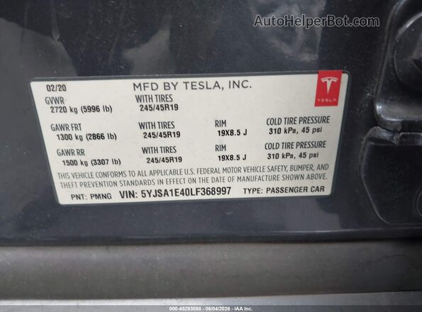 5YJSA1E40LF368997 2020 TESLA MODEL S Gray Vista del compartimento del motor
