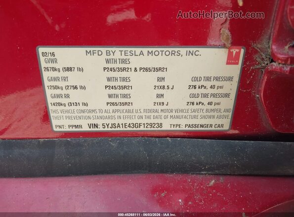 5YJSA1E43GF129238 2016 TESLA MODEL S Red Vista del compartimento del motor