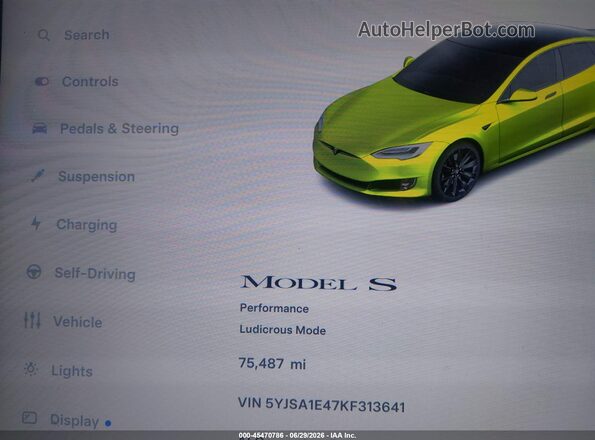 5YJSA1E47KF313641 2019 TESLA MODEL S Gray Vista interior de 360 grados