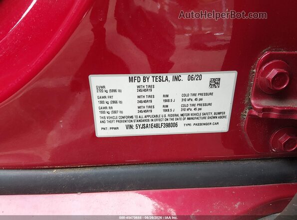 5YJSA1E48LF398006 2020 TESLA MODEL S Red Widok komory silnika