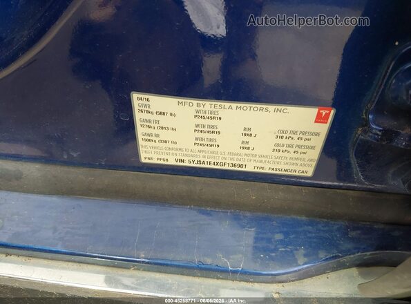 5YJSA1E4XGF136901 2016 TESLA MODEL S Blue Engine compartment view