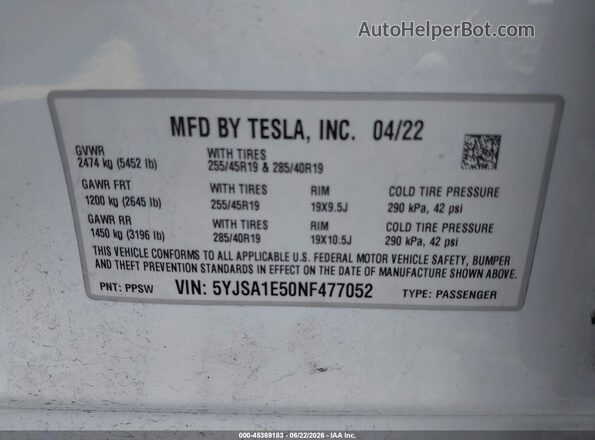 5YJSA1E50NF477052 2022 TESLA MODEL S White ძრავის განყოფილების ხედი