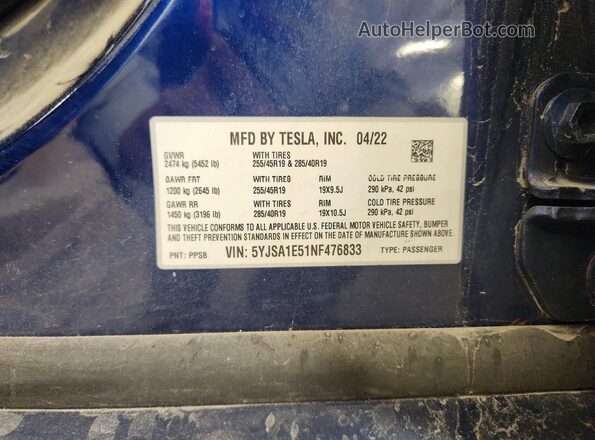 5YJSA1E51NF476833 2022 TESLA MODEL Blue VIN կոդի պիտակի տեսք