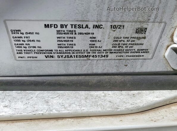 5YJSA1E55MF451349 2021 TESLA MODEL White Вид підкапотного простору