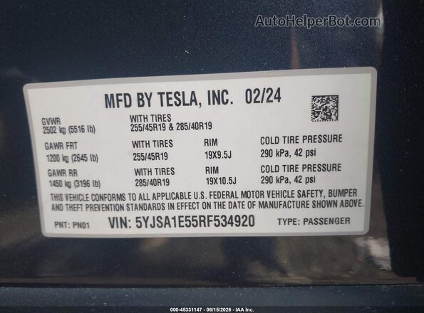5YJSA1E55RF534920 2024 TESLA MODEL S Black ძრავის განყოფილების ხედი