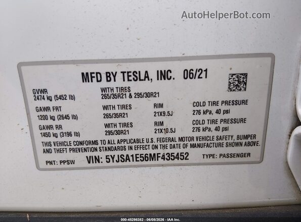 5YJSA1E56MF435452 2021 TESLA MODEL S White Շարժիչի բաժամունքի տեսք
