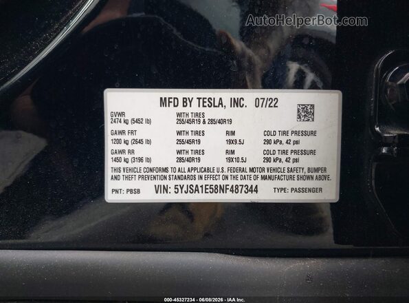 5YJSA1E58NF487344 2022 TESLA MODEL S Black Շարժիչի բաժամունքի տեսք