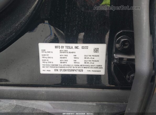 5YJSA1E5XNF471629 2022 TESLA MODEL S Black Widok komory silnika