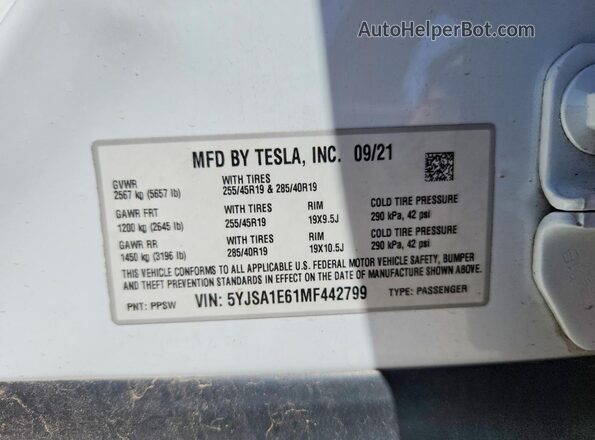 5YJSA1E61MF442799 2021 TESLA MODEL White Widok naklejki z numerem VIN