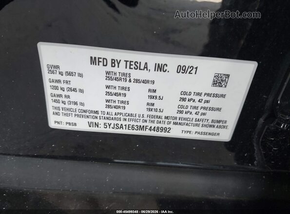 5YJSA1E63MF448992 2021 TESLA MODEL S Black Вид підкапотного простору