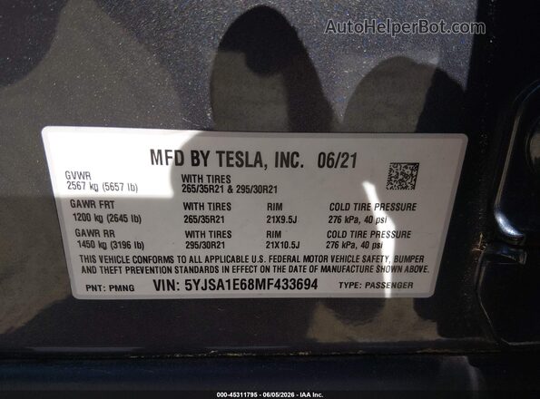 5YJSA1E68MF433694 2021 TESLA MODEL S Gray Շարժիչի բաժամունքի տեսք