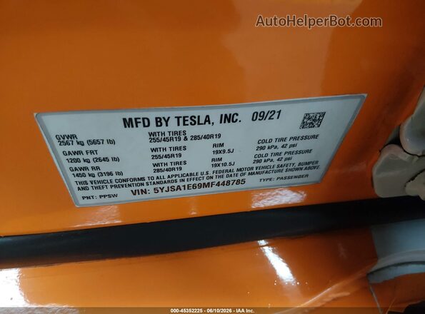 5YJSA1E69MF448785 2021 TESLA MODEL S Orange ძრავის განყოფილების ხედი