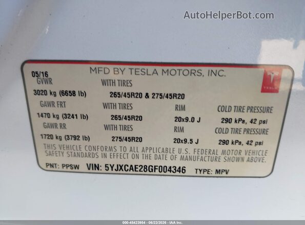 5YJXCAE28GF004346 2016 TESLA MODEL X White ძრავის განყოფილების ხედი