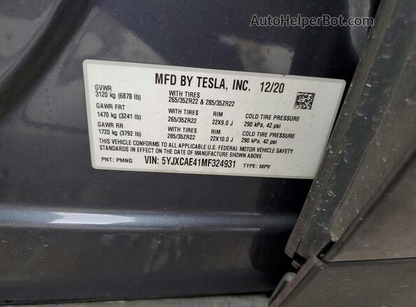 5YJXCAE41MF324931 2021 TESLA MODEL Gray VIN sticker view