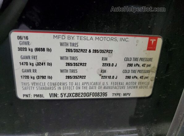 5YJXCBE20GF008395 2016 TESLA MODEL Black Widok naklejki z numerem VIN