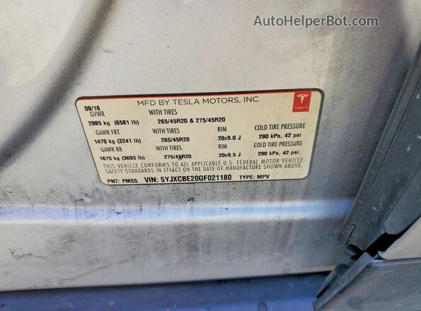 5YJXCBE20GF021180 2016 TESLA MODEL Silver 