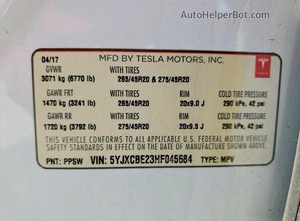 5YJXCBE23HF045684 2017 TESLA MODEL Белый Панорамный вид салона 360°