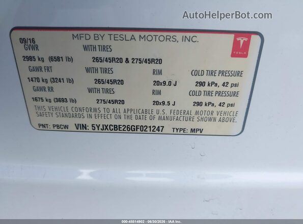 5YJXCBE26GF021247 2016 TESLA MODEL X White Շարժիչի բաժամունքի տեսք