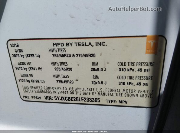 5YJXCBE26LF233365 2020 TESLA MODEL X Белый Вид подкапотного пространства