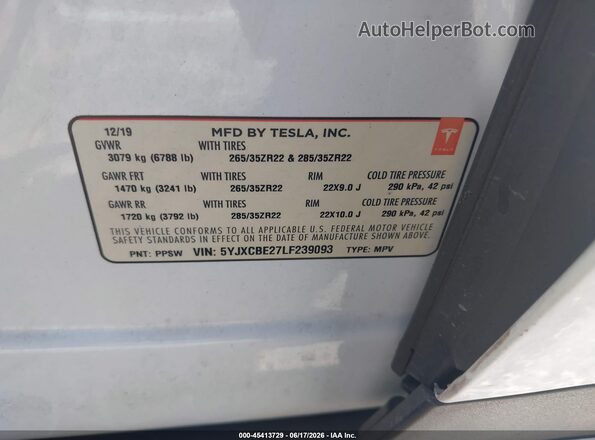 5YJXCBE27LF239093 2020 TESLA MODEL X White ძრავის განყოფილების ხედი