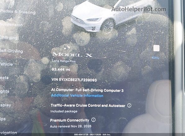 5YJXCBE27LF239093 2020 TESLA MODEL X White სალონის 360-გრადუსიანი ხედი