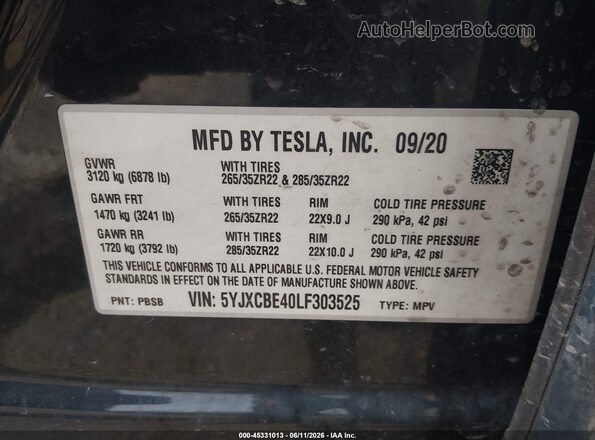 5YJXCBE40LF303525 2020 TESLA MODEL X Black Vista del compartimento del motor