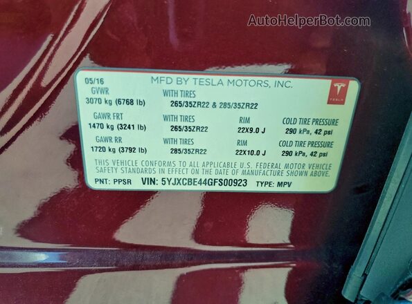 5YJXCBE44GFS00923 2016 TESLA MODEL Red 