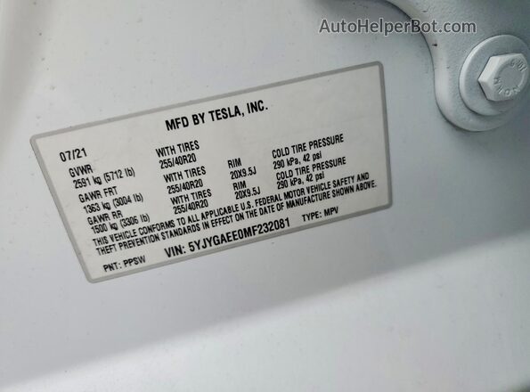 5YJYGAEE0MF232081 2021 TESLA MODEL White VIN կոդի պիտակի տեսք