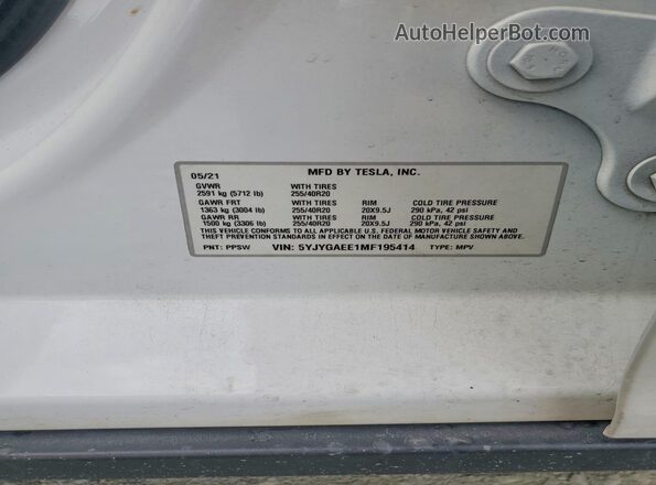 5YJYGAEE1MF195414 2021 TESLA MODEL White VIN კოდის სტიკერის ხედი