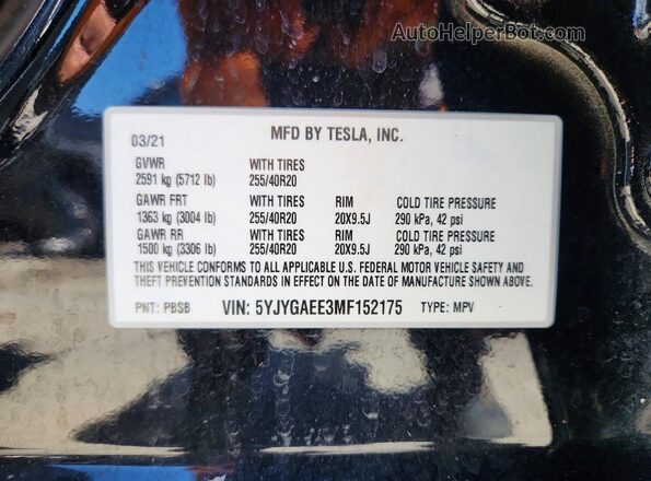 5YJYGAEE3MF152175 2021 TESLA MODEL Black VIN sticker view
