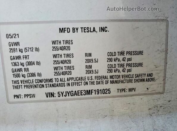 5YJYGAEE3MF191025 2021 TESLA MODEL Белый Вид наклейки с VIN-кодом