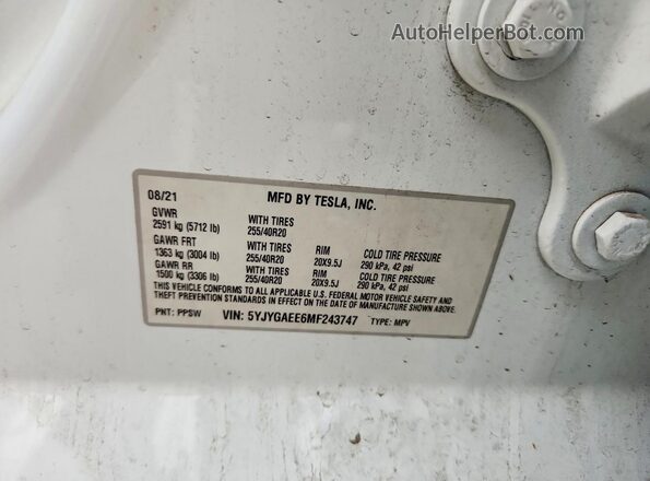 5YJYGAEE6MF243747 2021 TESLA MODEL White VIN կոդի պիտակի տեսք