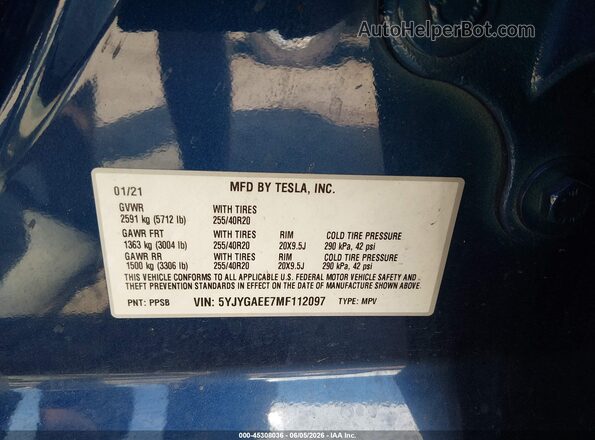 5YJYGAEE7MF112097 2021 TESLA MODEL Y Blue Widok komory silnika