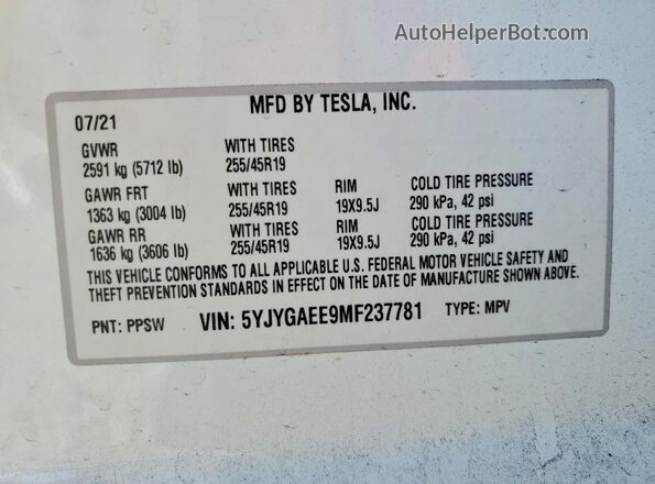 5YJYGAEE9MF237781 2021 TESLA MODEL White Շարժիչի բաժամունքի տեսք