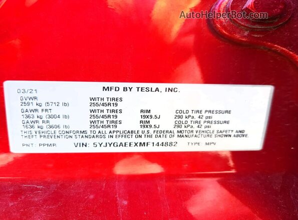 5YJYGAEEXMF144882 2021 TESLA MODEL Красный Панорамный вид салона 360°