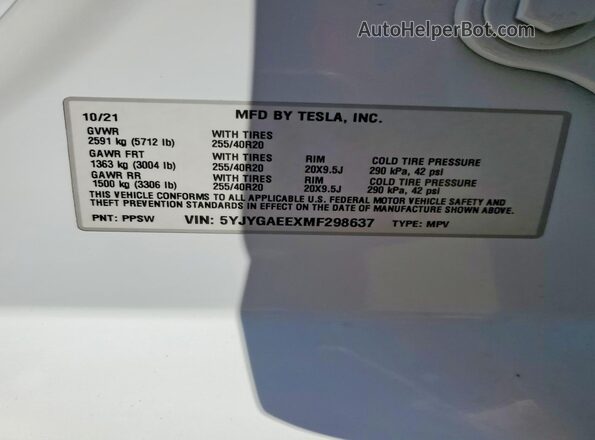 5YJYGAEEXMF298637 2021 TESLA MODEL White Widok wnętrza 360 stopni