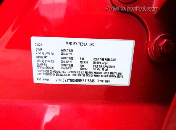 5YJYGDED9MF116645 2021 TESLA MODEL Red 